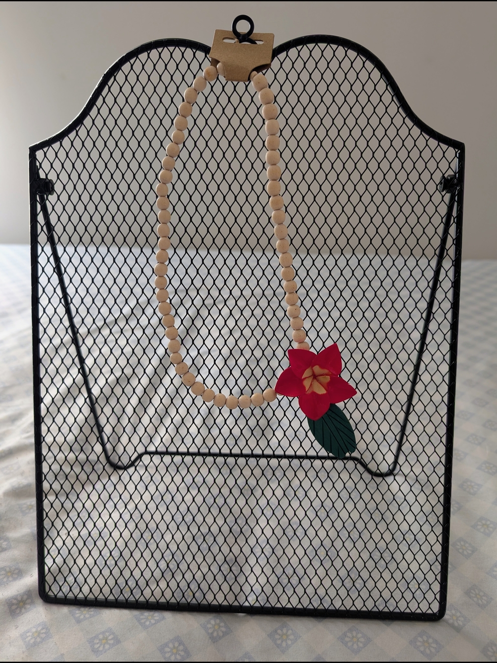 Wooden Necklace With Red Tropical Flower